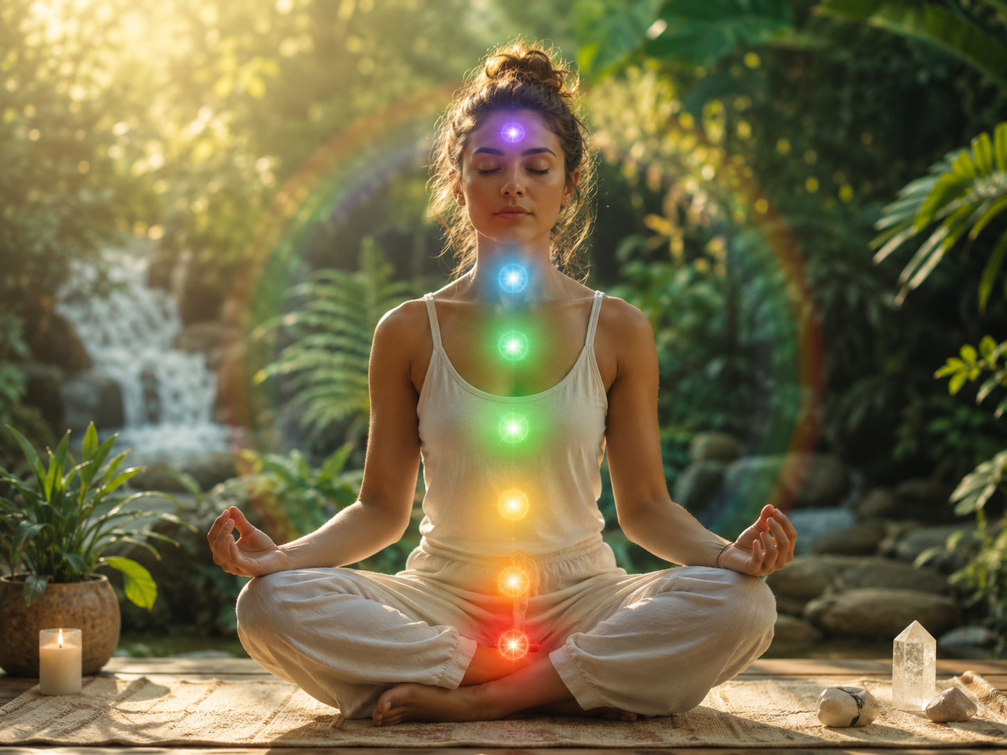 Blissful Living 4 U - Wellness, Wisdom, and Wealth - Learn to Dream Big Woman meditating with chakra colors