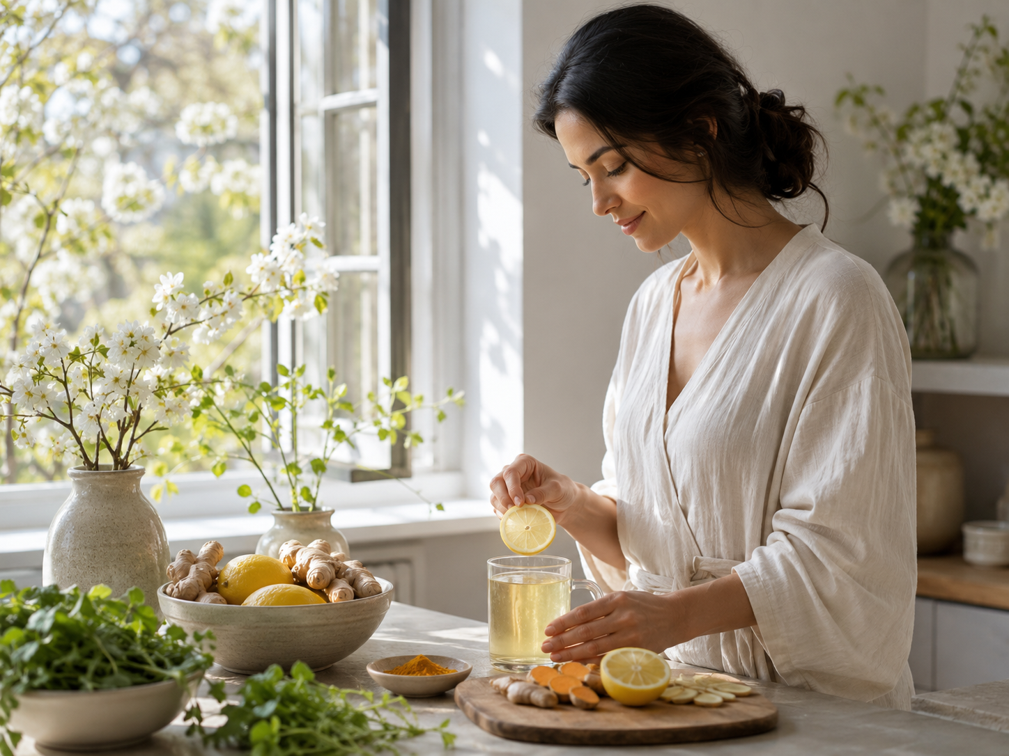 Woman preparing lemon-infused drink indoors